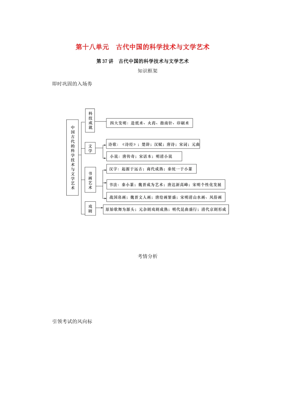 （江苏专版）高考历史总复习 第十八单元 古代中国的科学技术与文学艺术 第37讲 古代中国的科学技术与文学艺术教程讲义-人教版高三全册历史教案_第1页