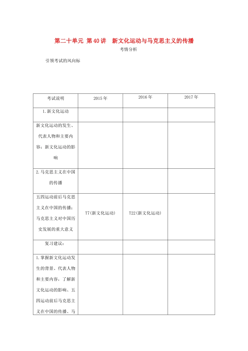 （江苏专版）高考历史总复习 第二十单元 近代中国的思想解放潮流 第40讲 新文化运动与马克思主义的传播教程讲义-人教版高三全册历史教案_第1页