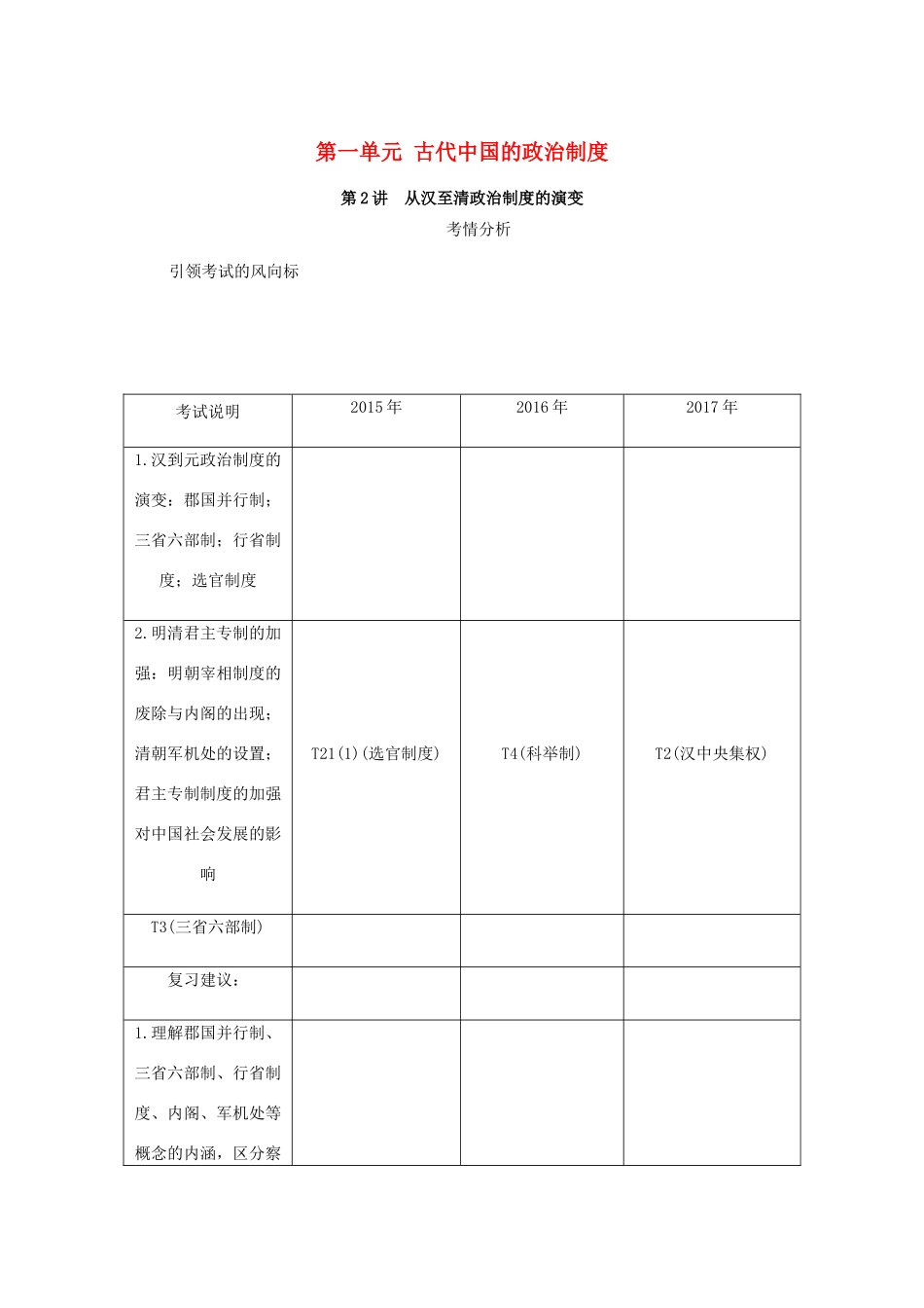 （江苏专版）高考历史总复习 第一单元 古代中国的政治制度 第2讲 从汉至清政治制度的演变教程讲义-人教版高三全册历史教案_第1页