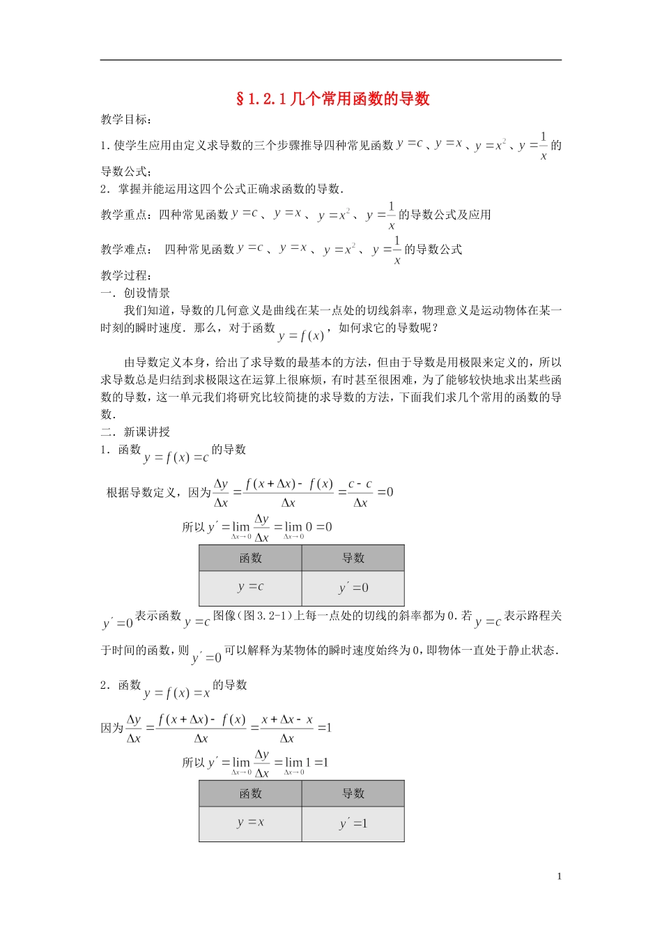 （新课程）高中数学《1.2.1几个常用函数的导数》教案 新人教A版选修2-2_第1页
