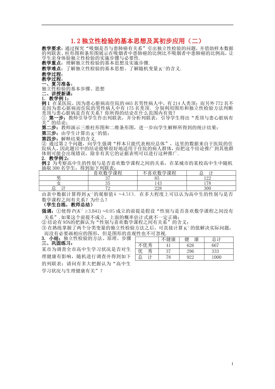 （新课程）高中数学《1.2 独立性检验的基本思想及其初步应用》教案 新人教A版选修1-2_第1页