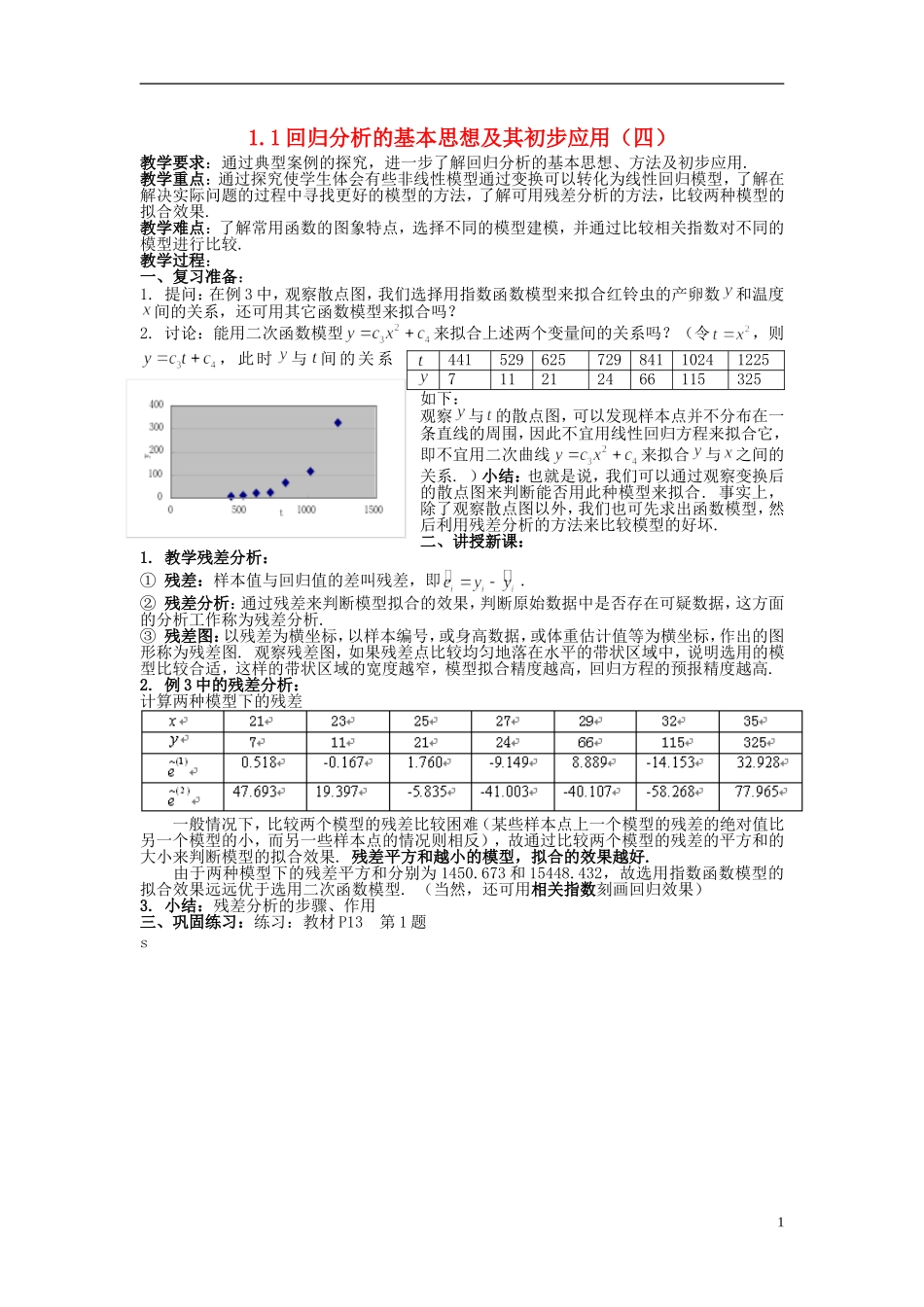 （新课程）高中数学《1.1回归分析的基本思想及其初步应用》教案4 新人教A版选修1-2_第1页