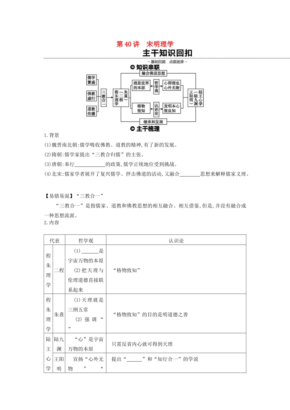 （全品复习方案）高考历史一轮复习 第13单元 中国传统文化主流思想的演变和古代科技文化 第40讲 宋明理学教案（含解析）新人教版-新人教版高三全册历史教案_第1页