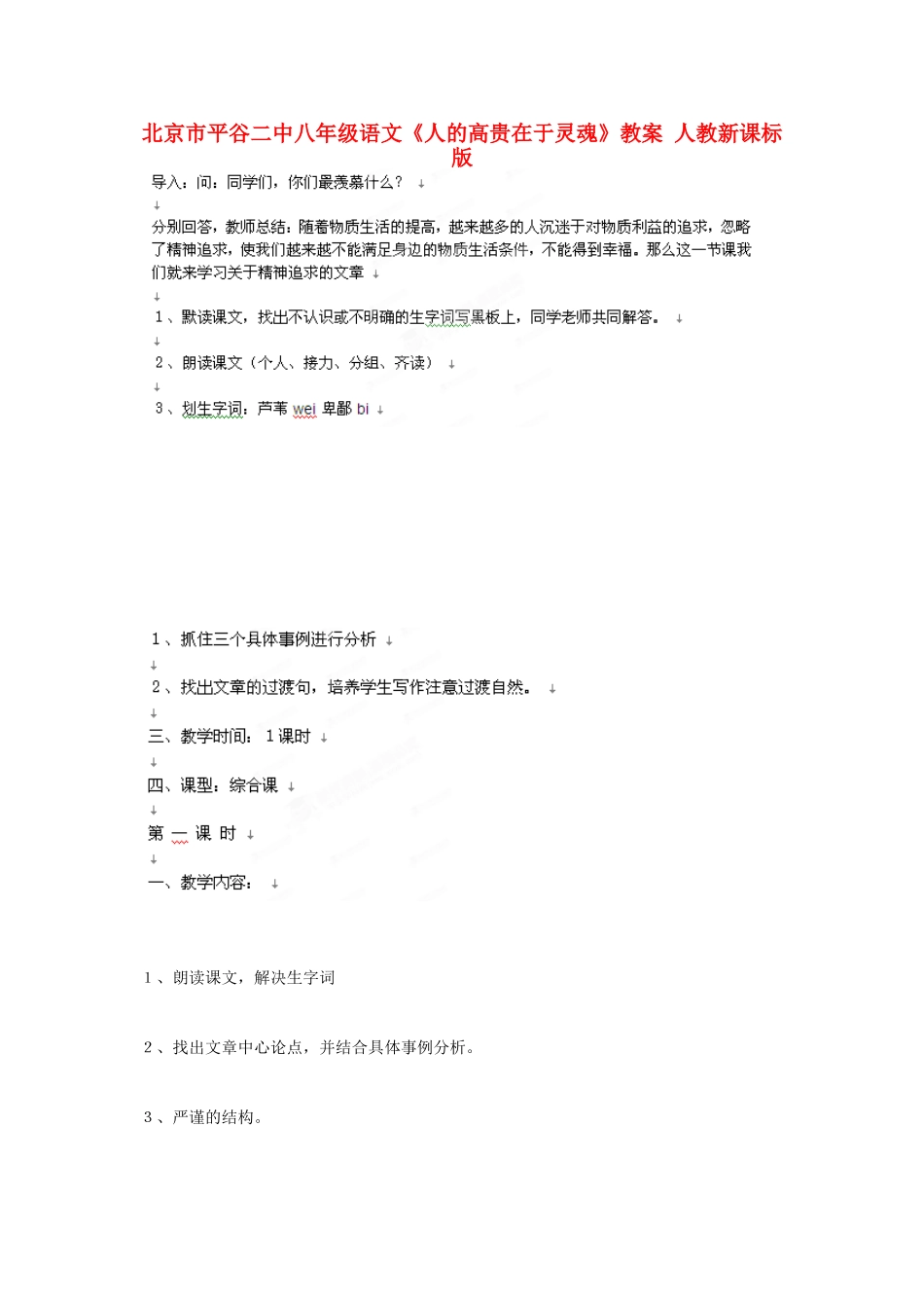北京市平谷二中八年级语文《人的高贵在于灵魂》教案 人教新课标版_第1页