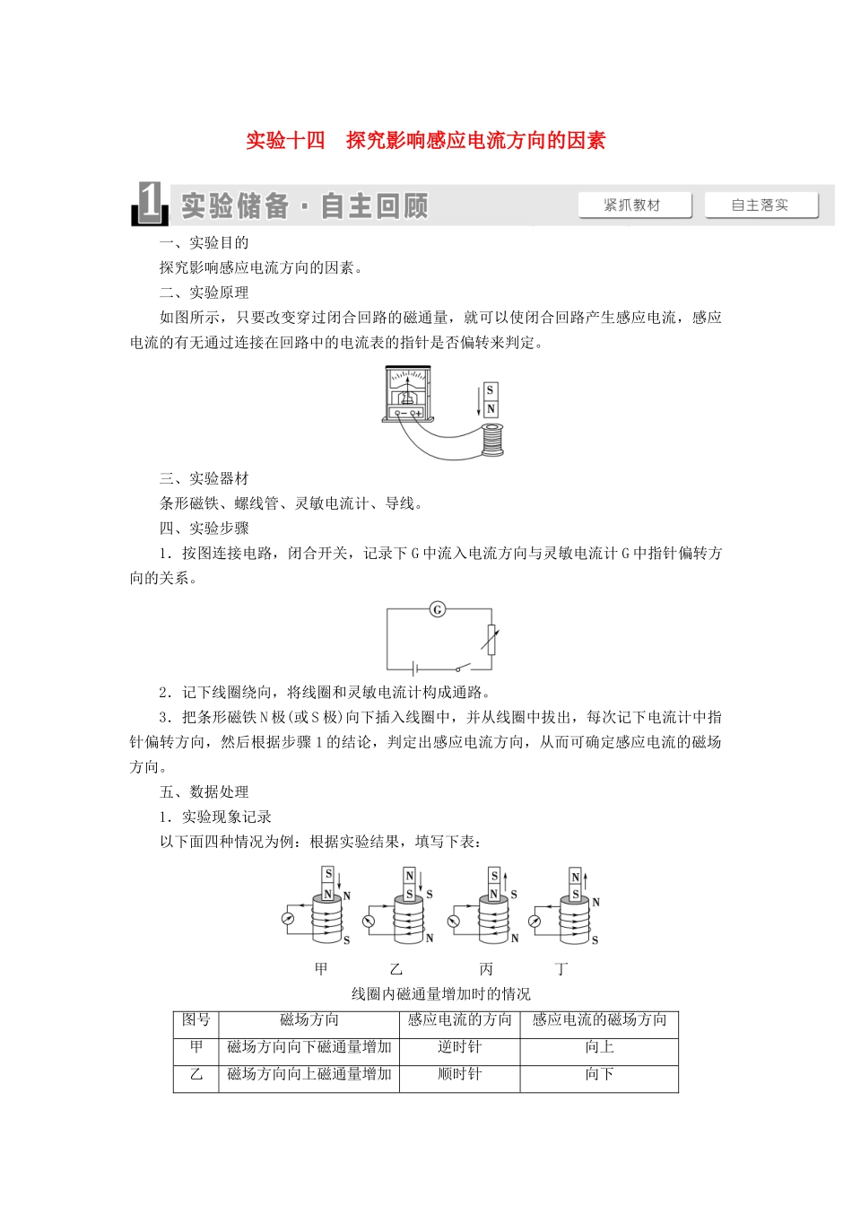 高考物理一轮复习 第10章 电磁感应 实验14 探究影响感应电流方向的因素教案（含解析）-人教版高三全册物理教案_第1页