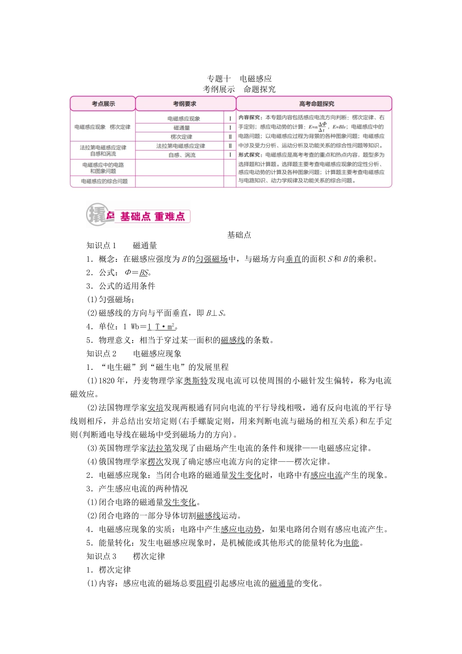 高考物理一轮复习 专题十 电磁感应 考点1 电磁感应现象 楞次定律教案-人教版高三全册物理教案_第1页