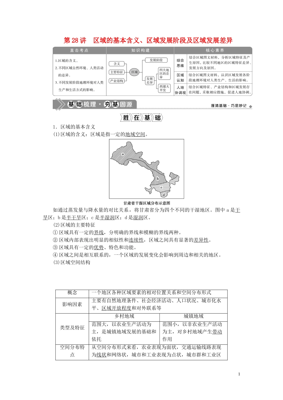 高考地理一轮复习 第九章 区域地理环境与人类活动 第28讲 区域的基本含义、区域发展阶段及区域发展差异教案 湘教版-湘教版高三全册地理教案_第1页