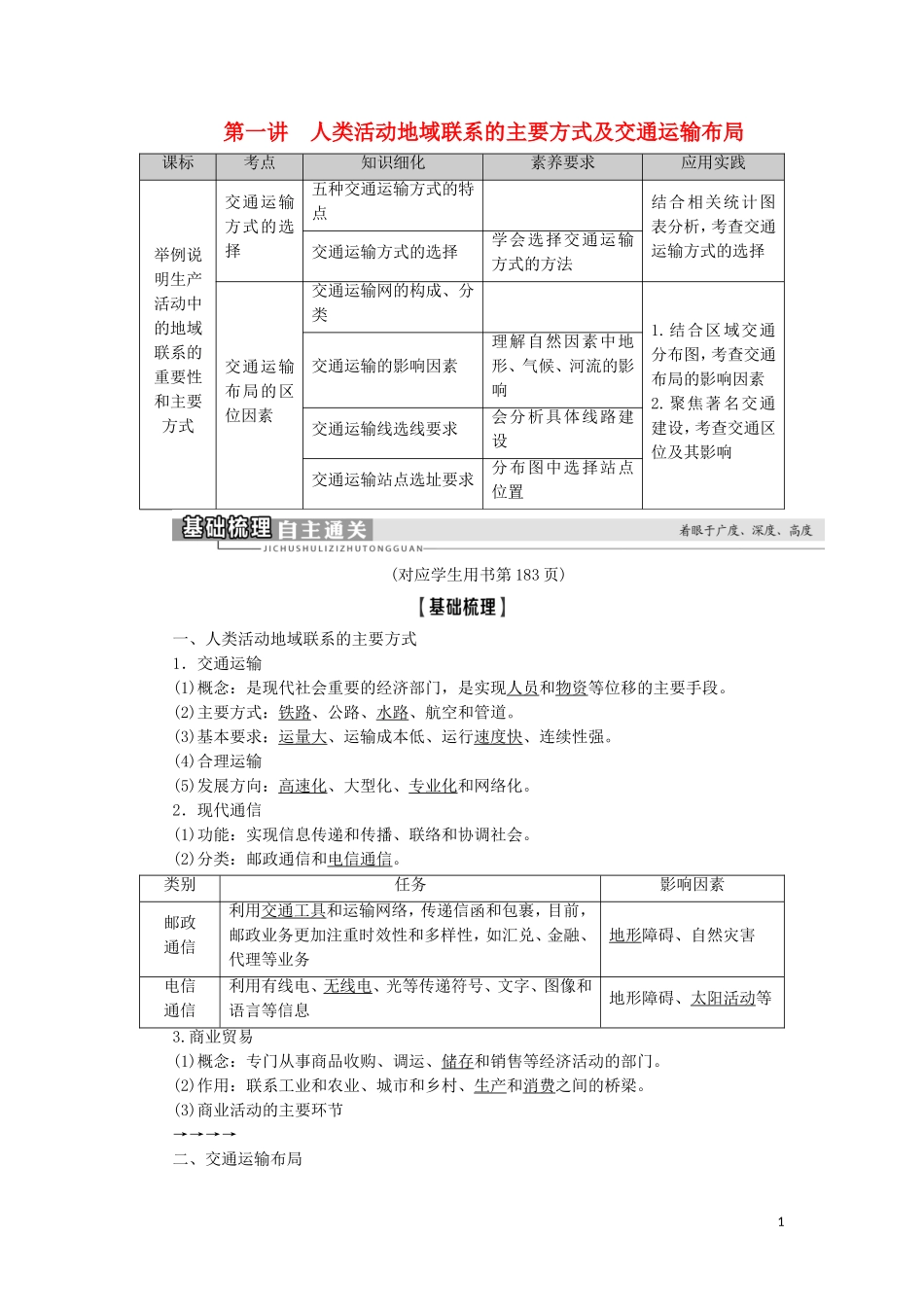 高考地理一轮复习 第8单元 人类活动的地域联系 第1讲 人类活动地域联系的主要方式及交通运输布局教案 鲁教版-鲁教版高三全册地理教案_第1页