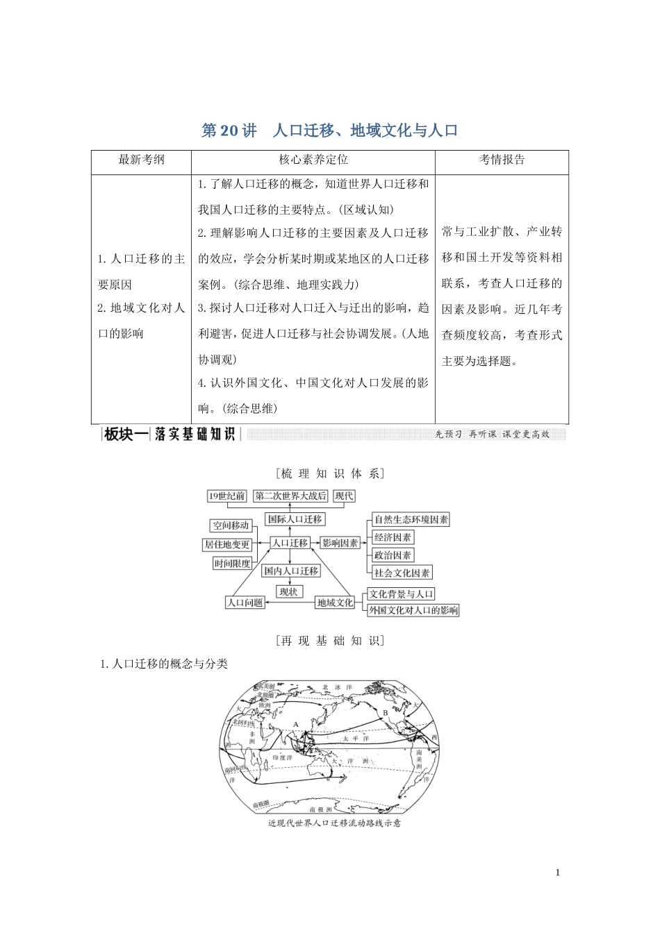 高考地理一轮复习 第20讲 人口迁移、地域文化与人口教师用书（含解析）湘教版-湘教版高三全册地理教案_第1页