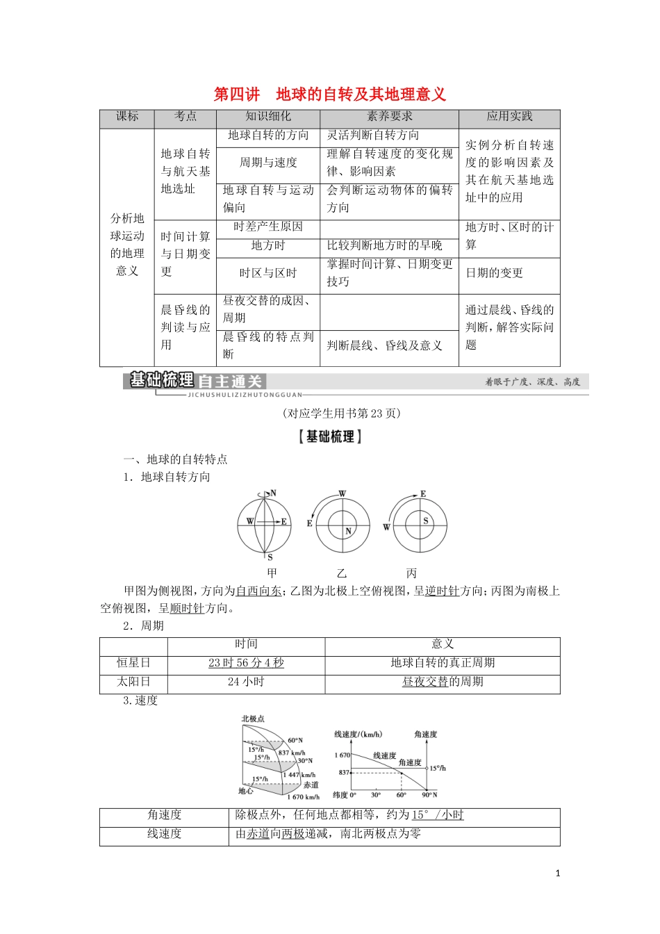 高考地理一轮复习 第1单元 从宇宙看地球（含地球和地图） 第4讲 地球的自转及其地理意义教案 鲁教版-鲁教版高三全册地理教案_第1页