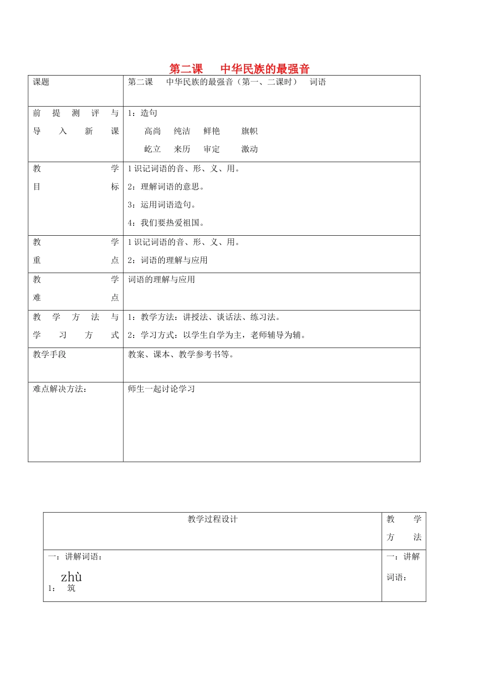 八年级语文上册 第二课《中华民族的最强音》教案2 新疆教育版-人教版初中八年级上册语文教案_第1页