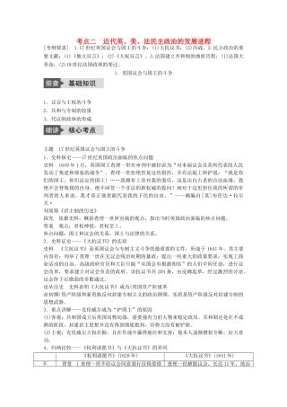 高考历史一轮复习 近代社会的民主思想与实践 考点2 近代英、美、法民主政治的发展进程教案 岳麓版-岳麓版高三全册历史教案