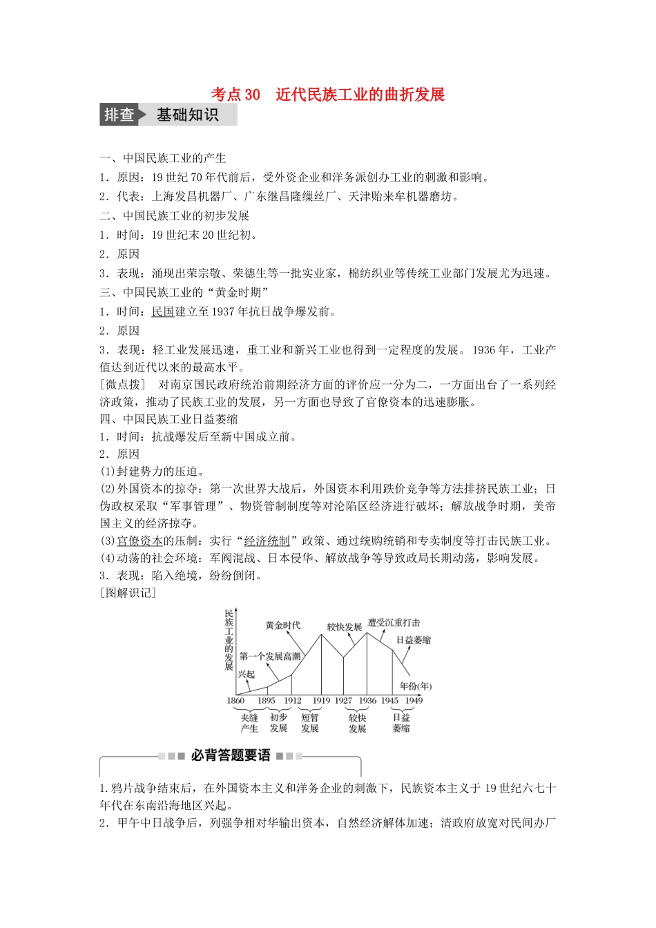 高考历史一轮复习 第七单元 工业文明的崛起和对中国的冲击 考点30 近代民族工业的曲折发展教案 岳麓版-岳麓版高三全册历史教案_第1页