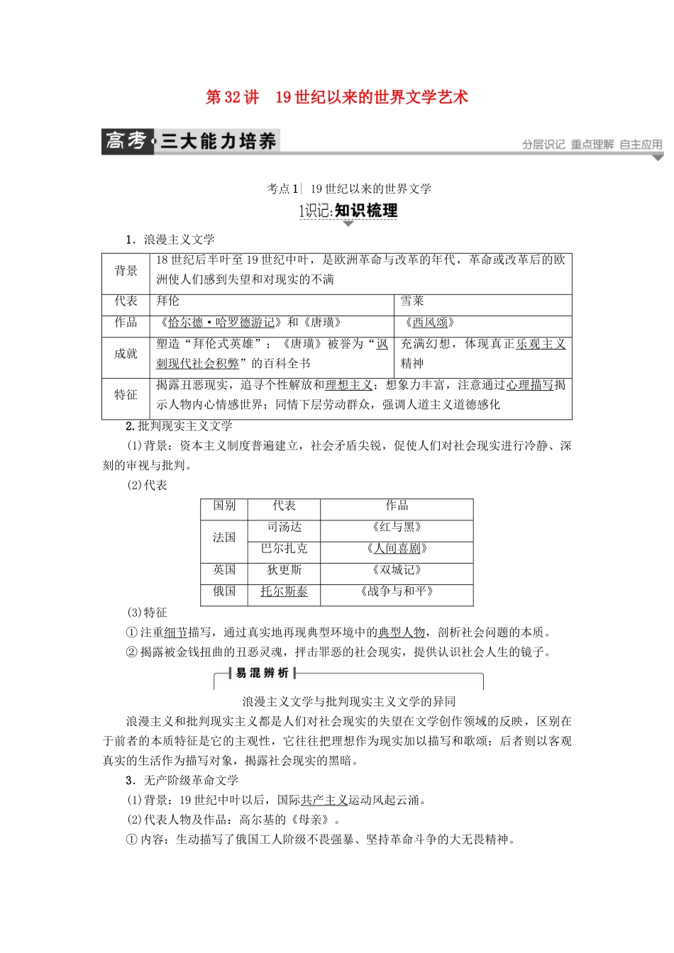 高考历史一轮复习 第15单元 近代以来世界的科技与文艺 第32讲 19世纪以来的世界文学艺术教案 岳麓版-岳麓版高三全册历史教案_第1页