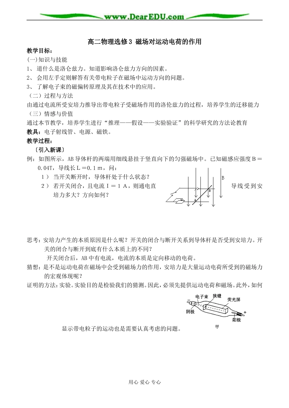 高二物理选修3 磁场对运动电荷的作用_第1页