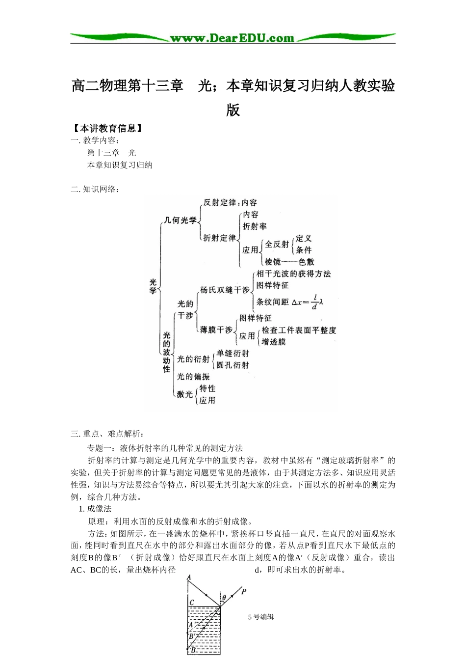 高二物理第十三章  光；本章知识复习归纳人教实验版知识精讲_第1页