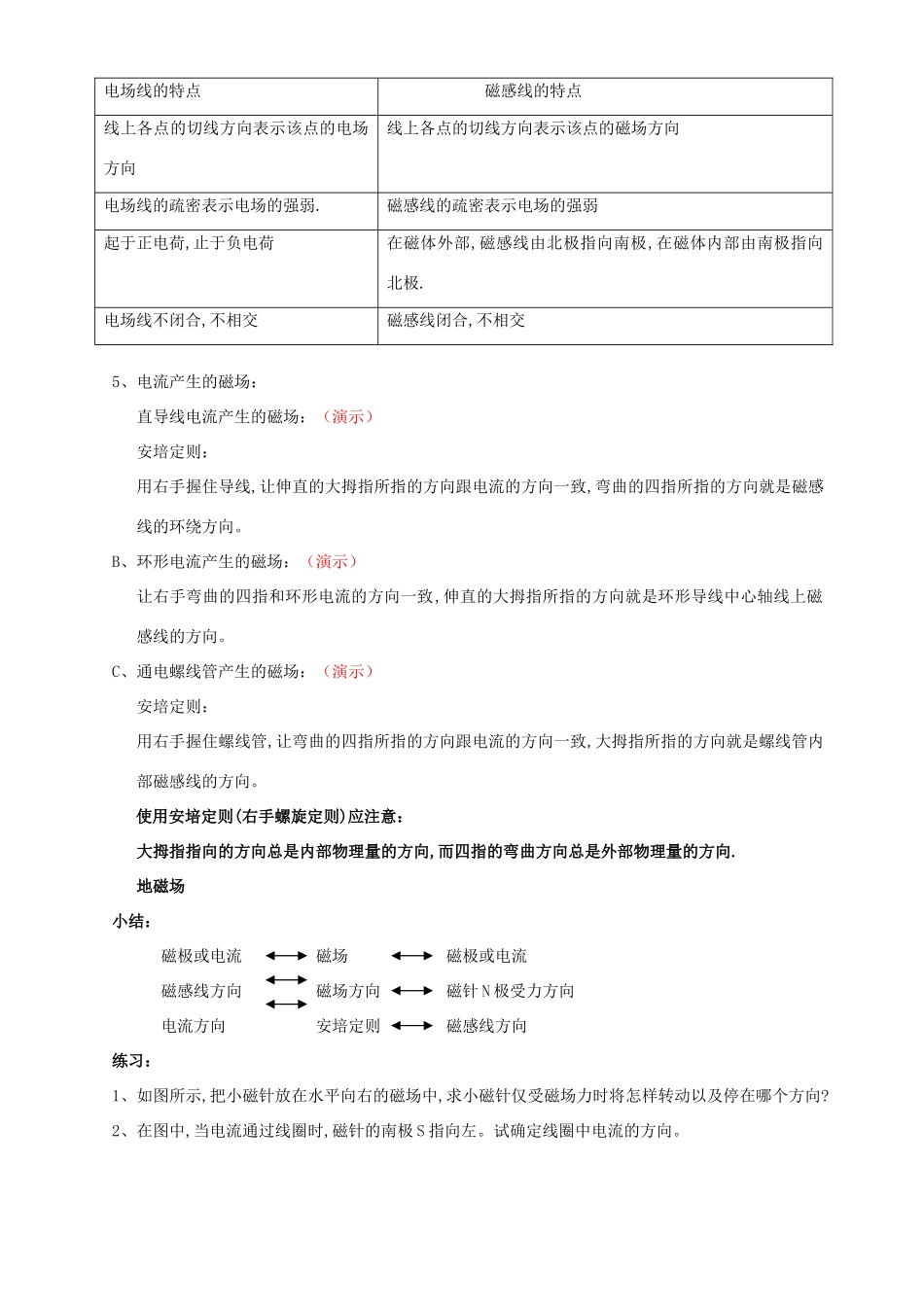 高二物理磁场 磁感线教案 人教版-旧人教版本高二全册物理教案_第2页