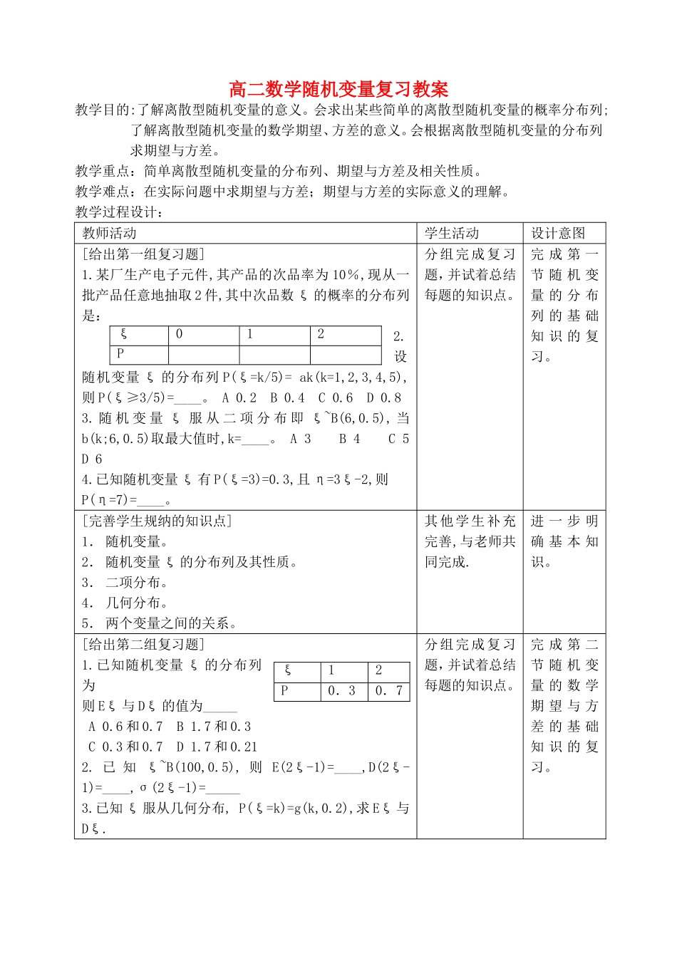 高二数学随机变量复习教案_第1页