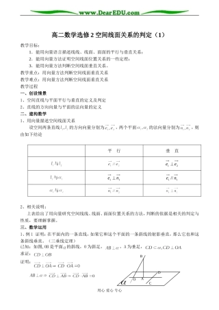 高二数学选修2 空间线面关系的判定（1）