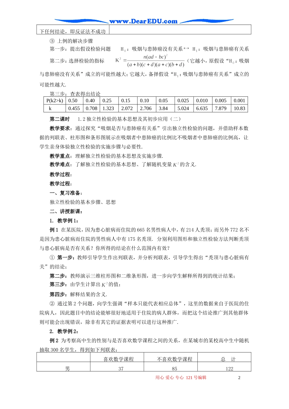 高二数学独立性检验的基本思想及其初步应用教案 新人教A版_第2页