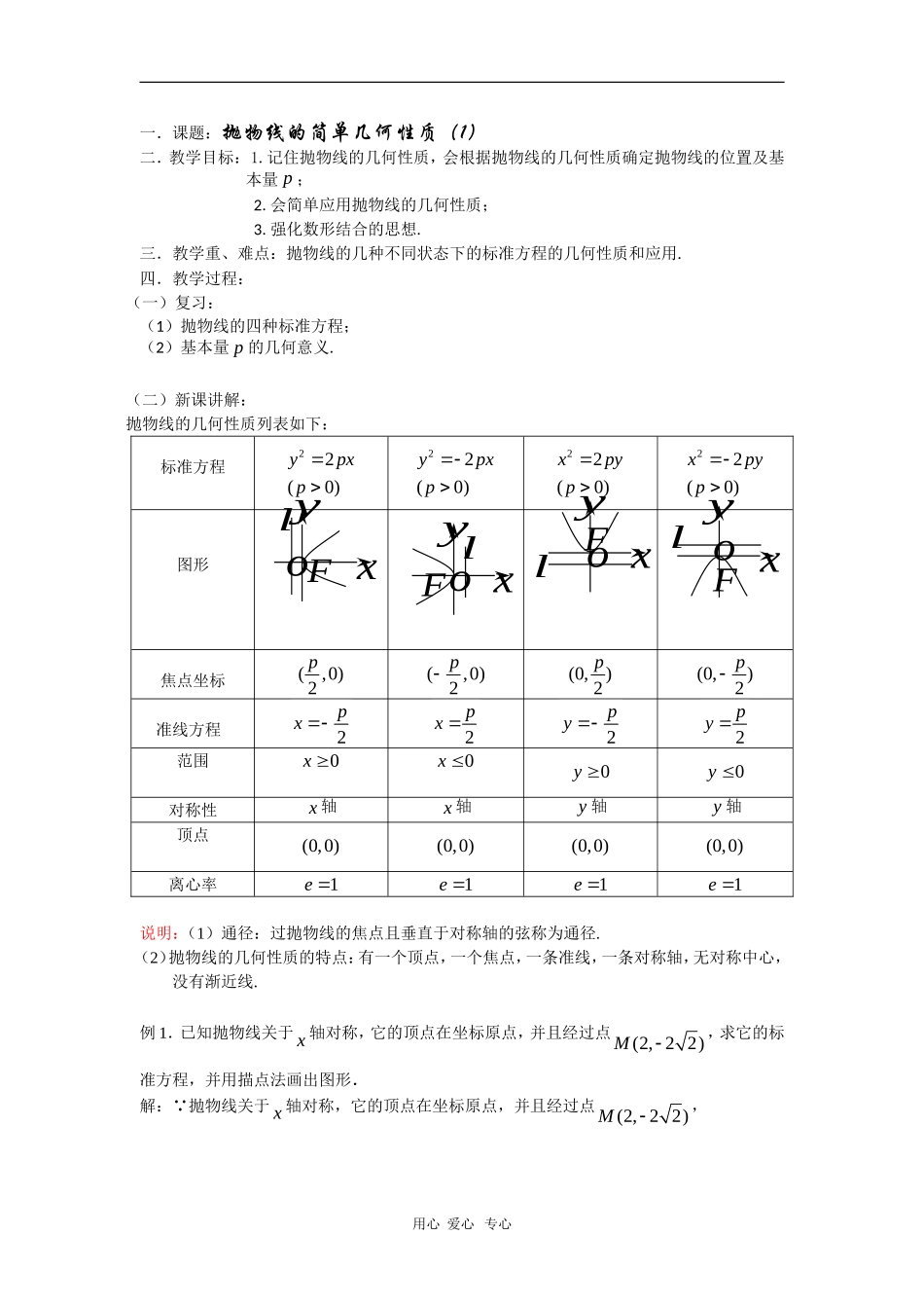 高二数学教案：抛物线的简单几何性质（1）_第1页