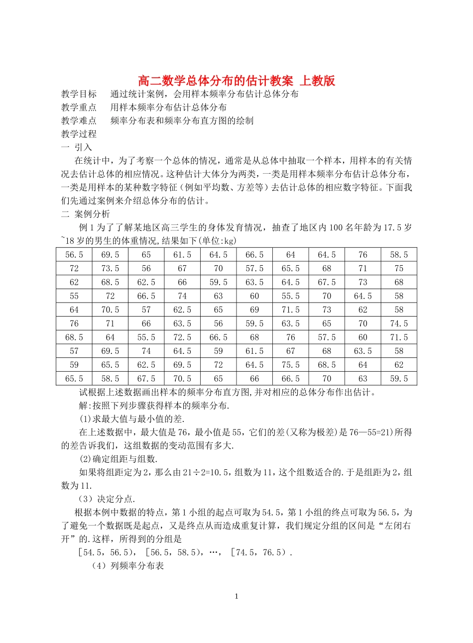 高二数学总体分布的估计教案 上教版_第1页