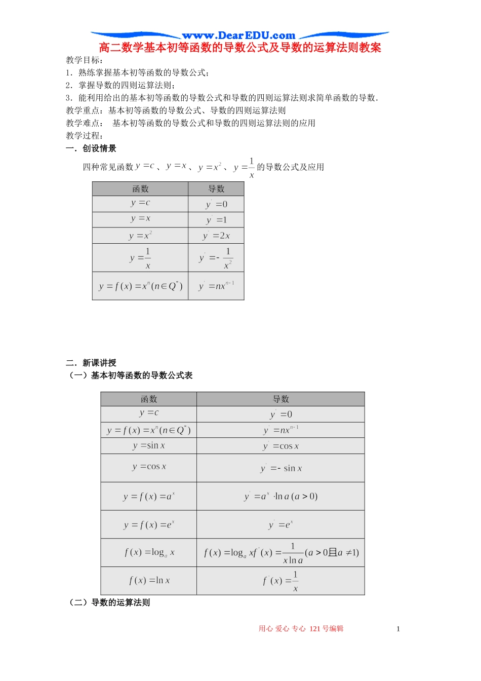 高二数学基本初等函数的导数公式及导数的运算法则教案_第1页