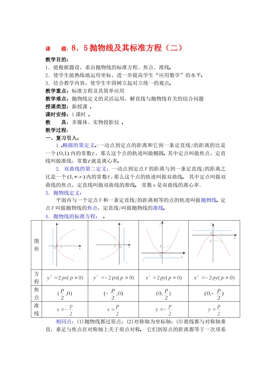 高二数学下8.5  抛物线及其标准方程2教案_第1页
