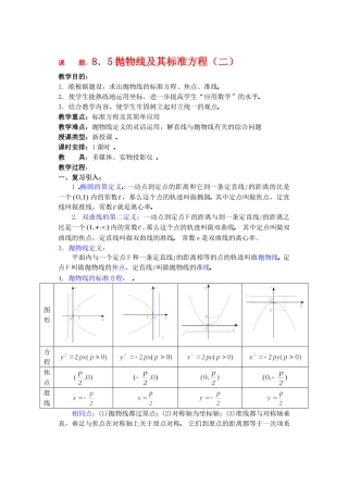 高二数学下8.5  抛物线及其标准方程2教案