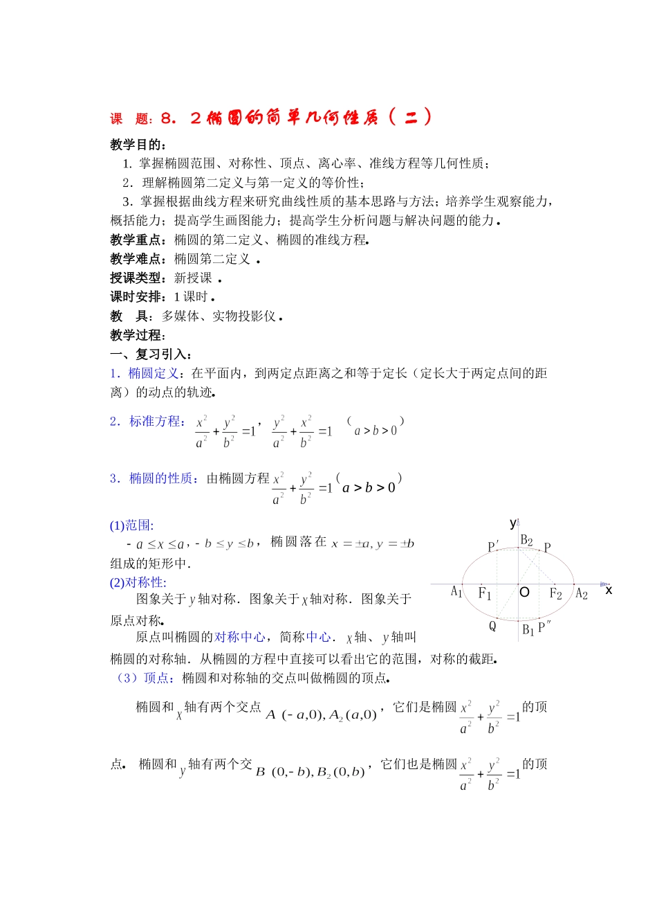 高二数学下8.2  椭圆的简单几何性质2教案_第1页