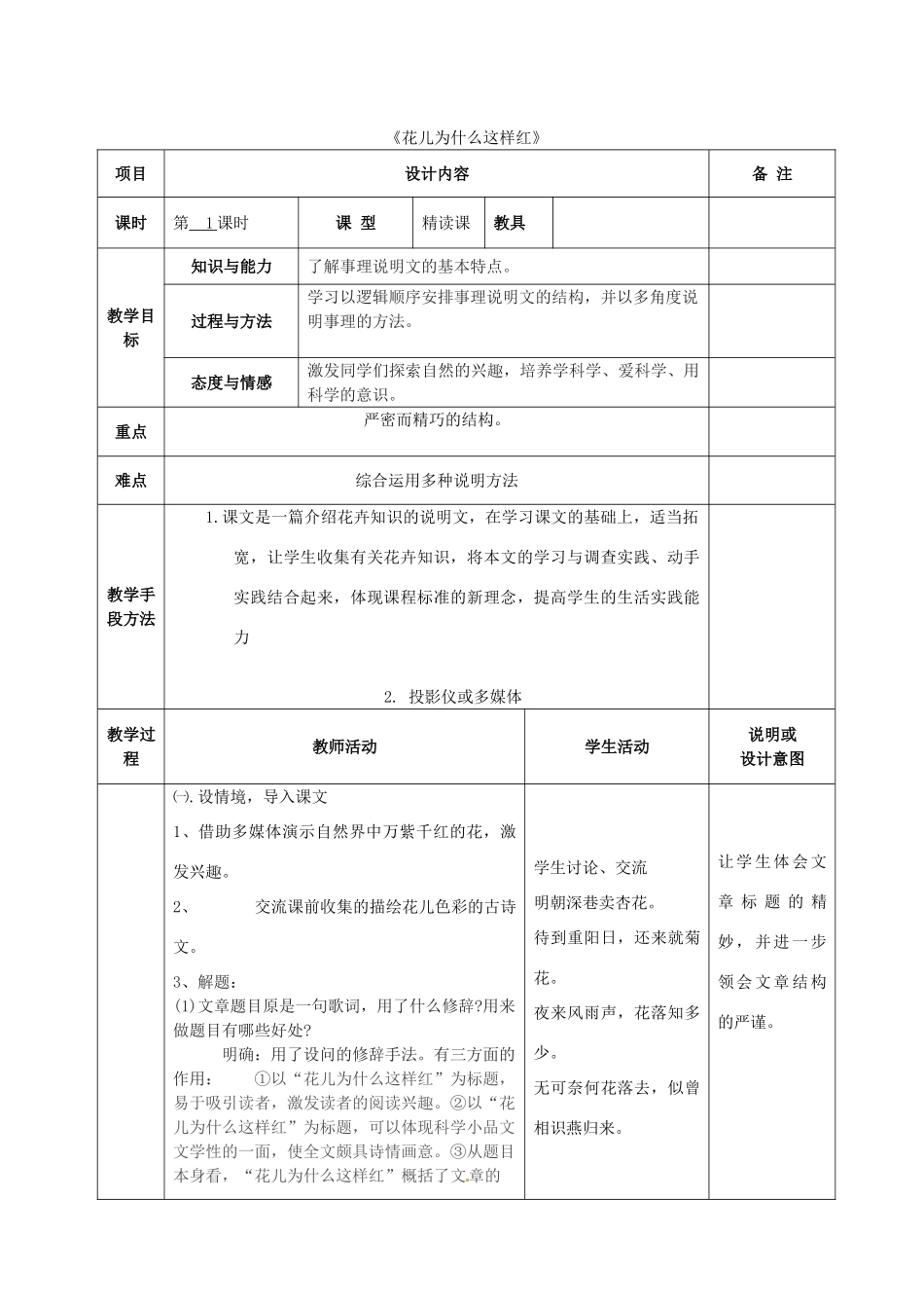 八年级语文上册 17 花儿为什么这样红教案 语文版-语文版初中八年级上册语文教案_第1页