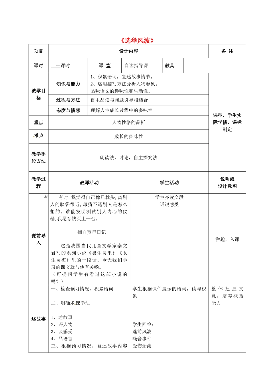 八年级语文上册 15 选举风波教案 语文版-语文版初中八年级上册语文教案_第1页