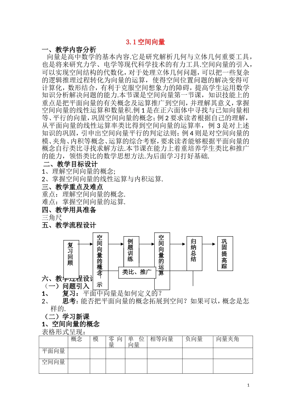 高二数学 3.1《空间向量》教案（1）（沪教版）_第1页