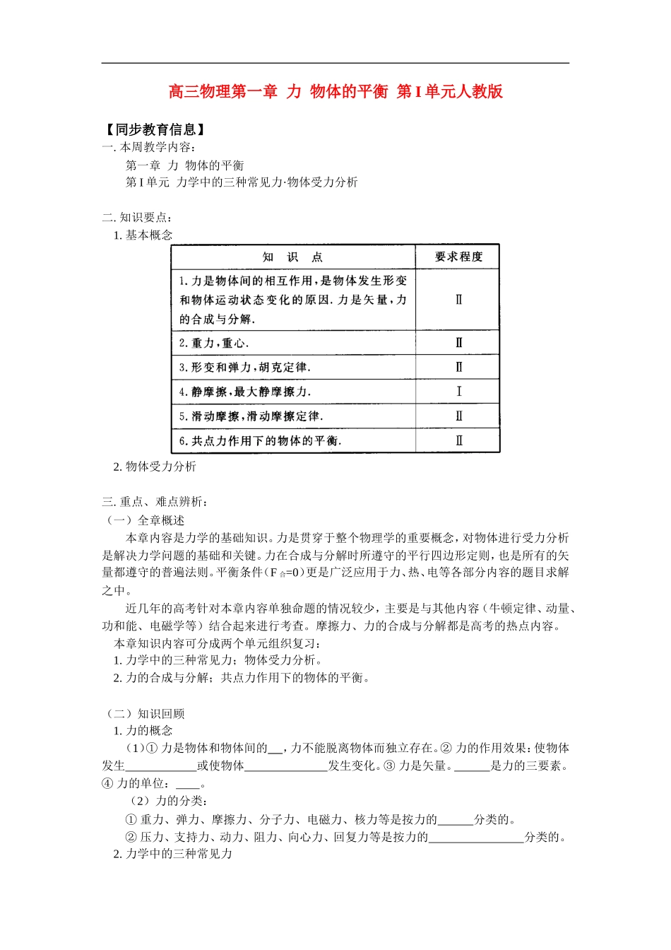 高三物理第一章  力  物体的平衡  第I单元人教版_第1页