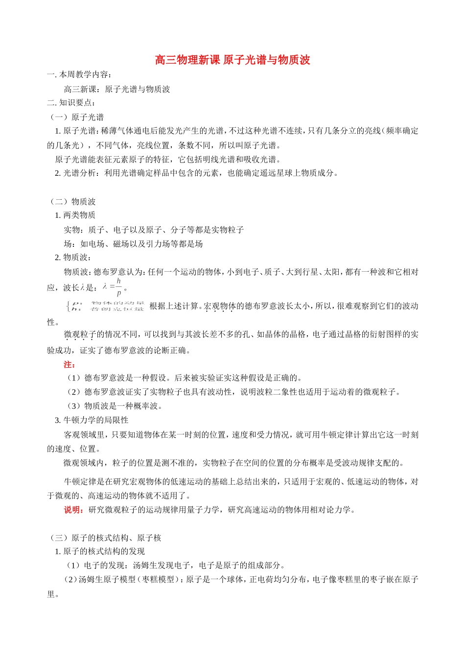 高三物理新课 原子光谱与物质波 人教版_第1页