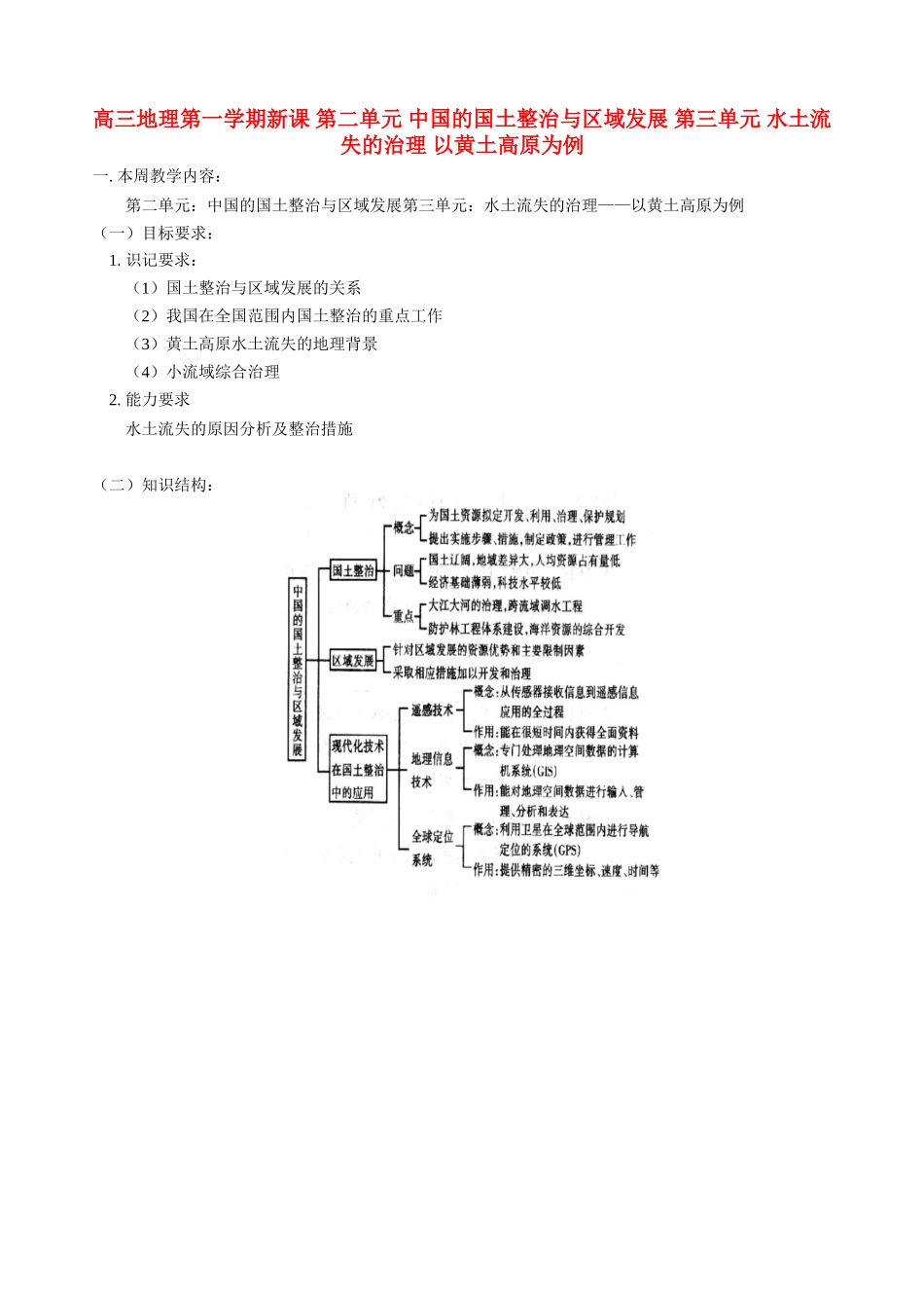高三地理第一学期新课 第二单元 中国的国土整治与区域发展 第三单元 水土流失的治理 以黄土高原为例 人教版_第1页