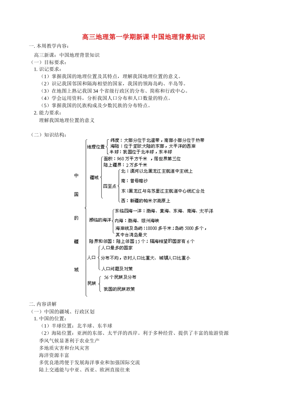 高三地理第一学期新课 中国地理背景知识 人教版_第1页