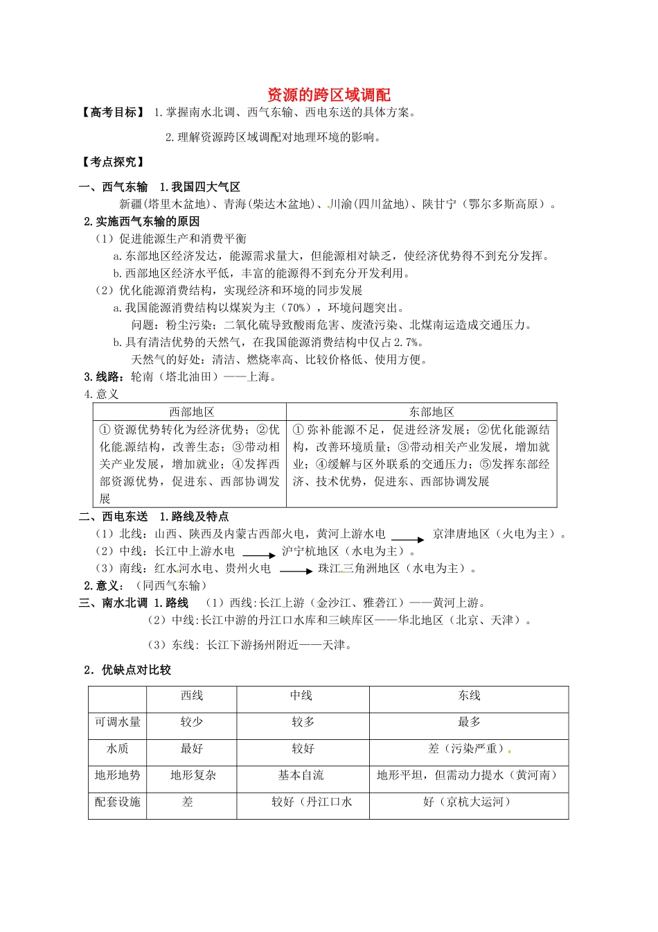 高三地理二轮复习 资源的跨区域调配教案-人教版高三全册地理教案_第1页