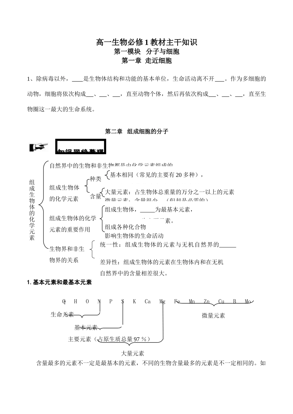 高一生物必修1教材主干知识_第1页