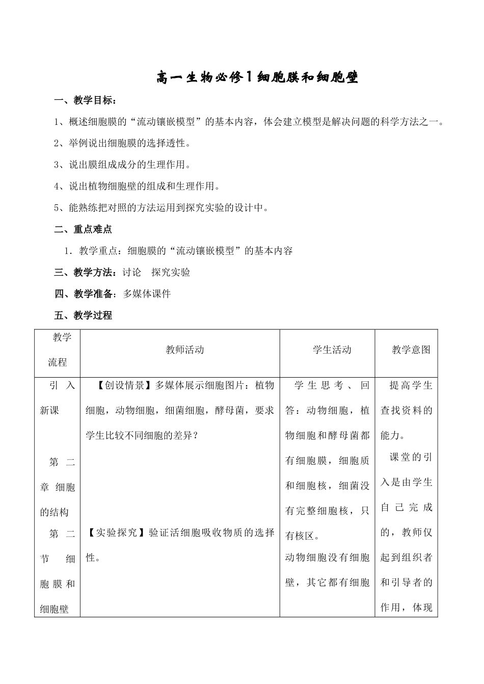 高一生物必修1 细胞膜和细胞壁_第1页