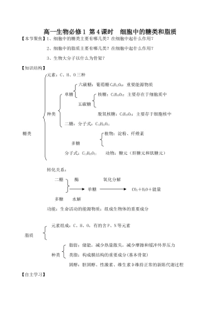 高一生物必修1 第4课时 细胞中的糖类和脂质