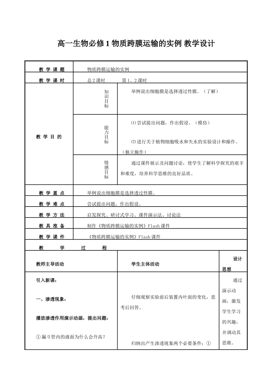 高一生物必修1 物质跨膜运输的实例 教学设计_第1页