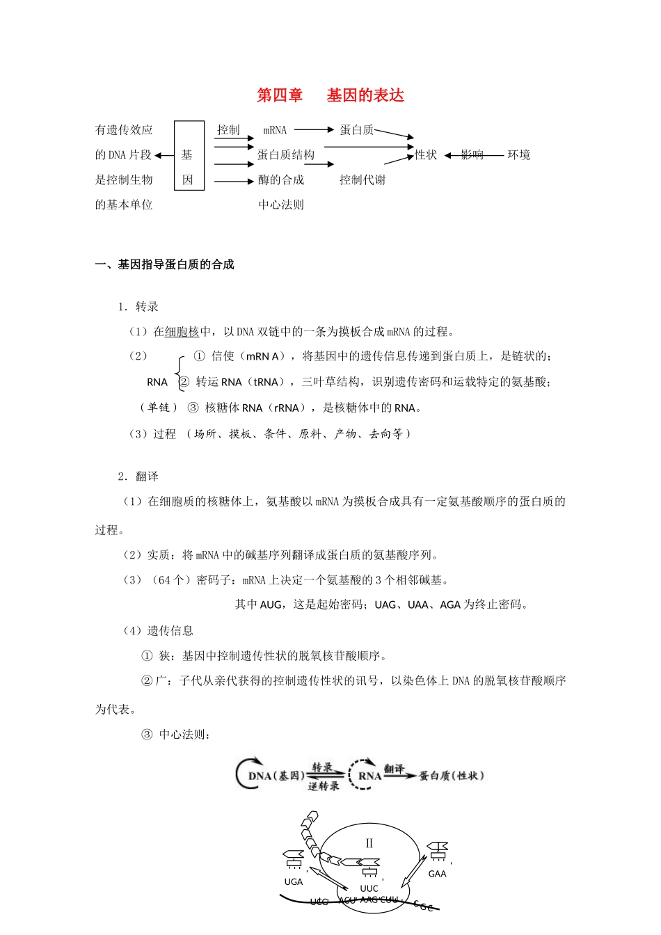 高一生物《遗传与进化》单元知识结构：第四章《基因的表达》新人教版必修2_第1页