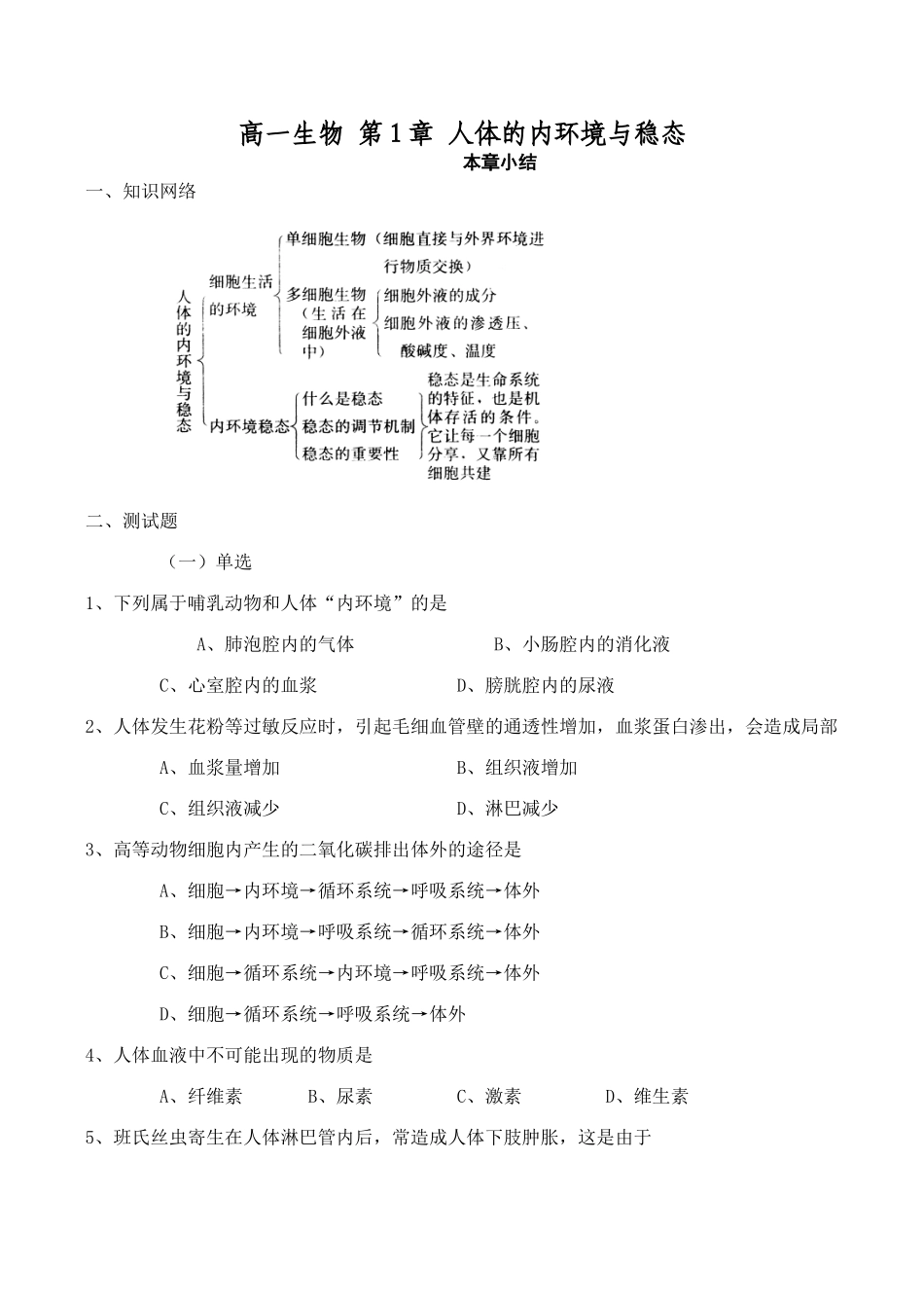 高一生物 第1章 人体的内环境与稳态_第1页