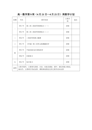 高一数学第9周（4月21日—4月25日）周教学计划（有改动）
