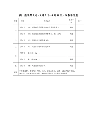 高一数学第7周（4月7日—4月11日）周教学计划