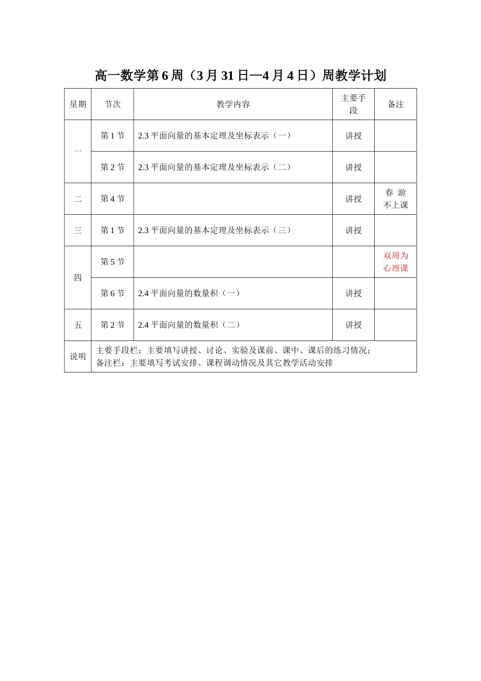 高一数学第6周（3月31日—4月4日）周教学计划（有改动）_第1页