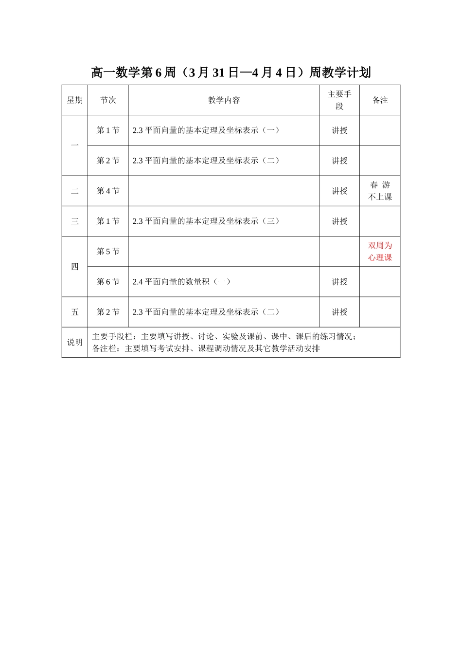 高一数学第6周（3月31日—4月4日）周教学计划_第1页