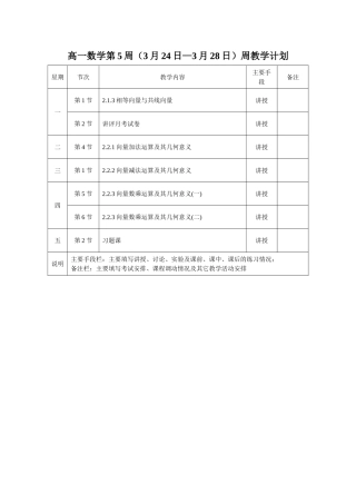 高一数学第5周（3月24日—3月28日）周教学计划（有改动）