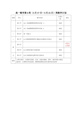 高一数学第4周（3月17日—3月21日）周教学计划